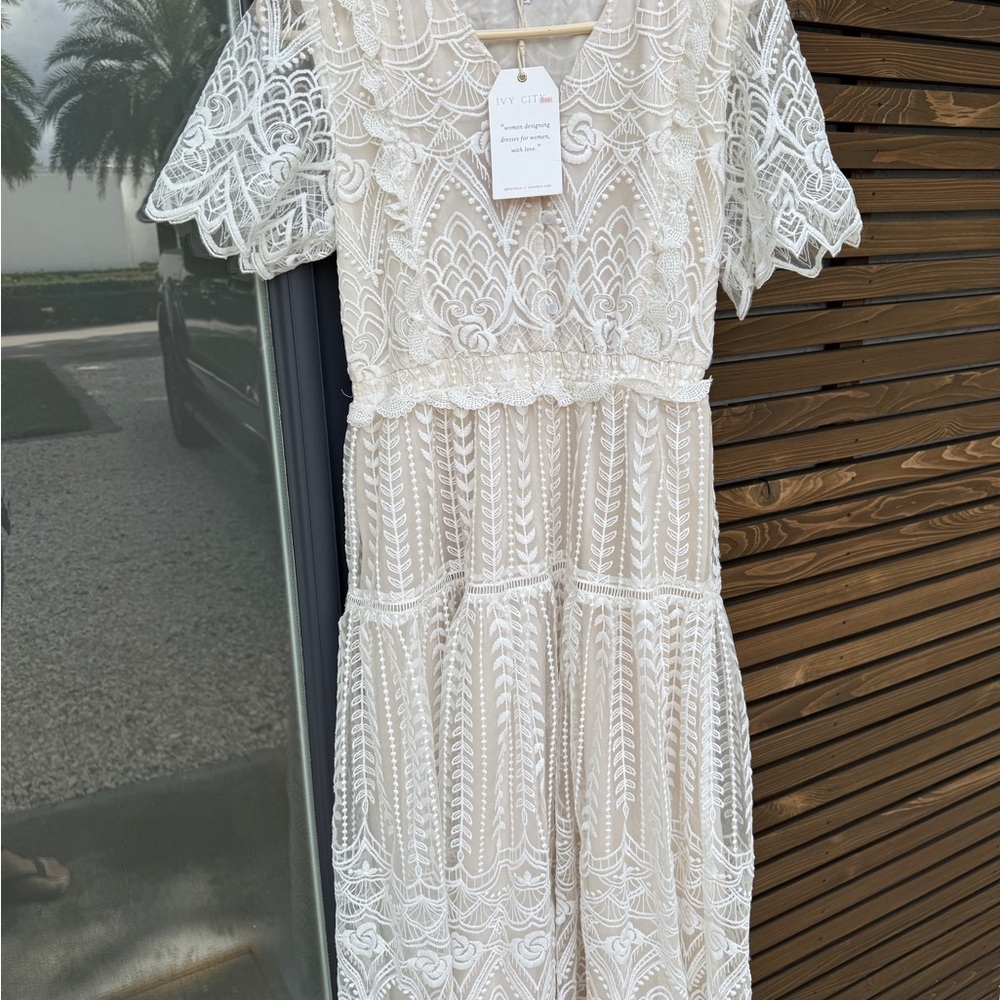 Ivy City Co Lace Tea Length Dress in Cream
